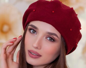 2623 Red Beret- Warm Lined Wool Angora Knit Berets- French Paris Hat Beret - Warm Lined Wool Angora Knit Berets - French Paris  main image 3