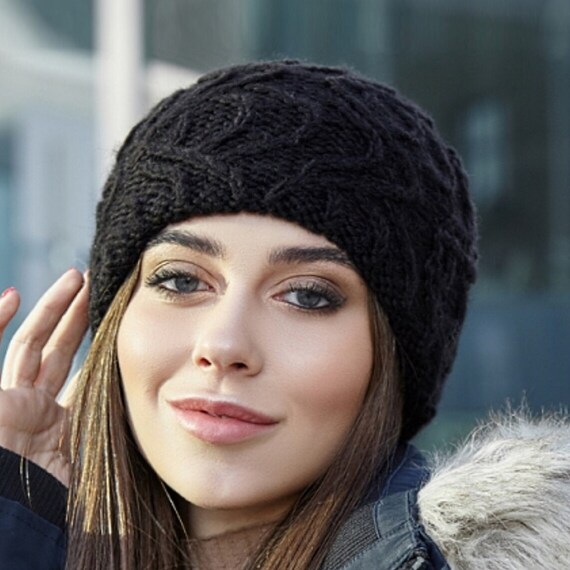 Black Alpaca Wool Knitted Hat for Women 