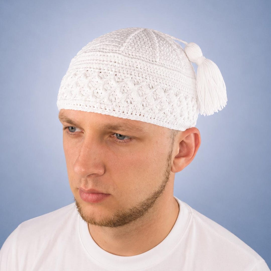White Kufi With Tassel Muslim Men's Beanie Crochet Skullcap Eid