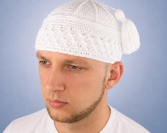 Buy White Kufi With Tassel Muslim Men's Beanie Crochet Prayer