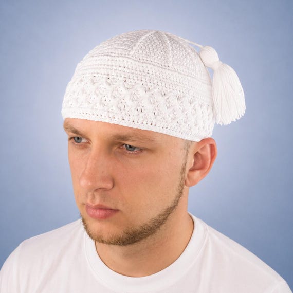 帽子 THEREDTHREAD S fuzzy knit beanie white White Kufi With Tassel Muslim Men's Beanie Crochet Skullcap Eid