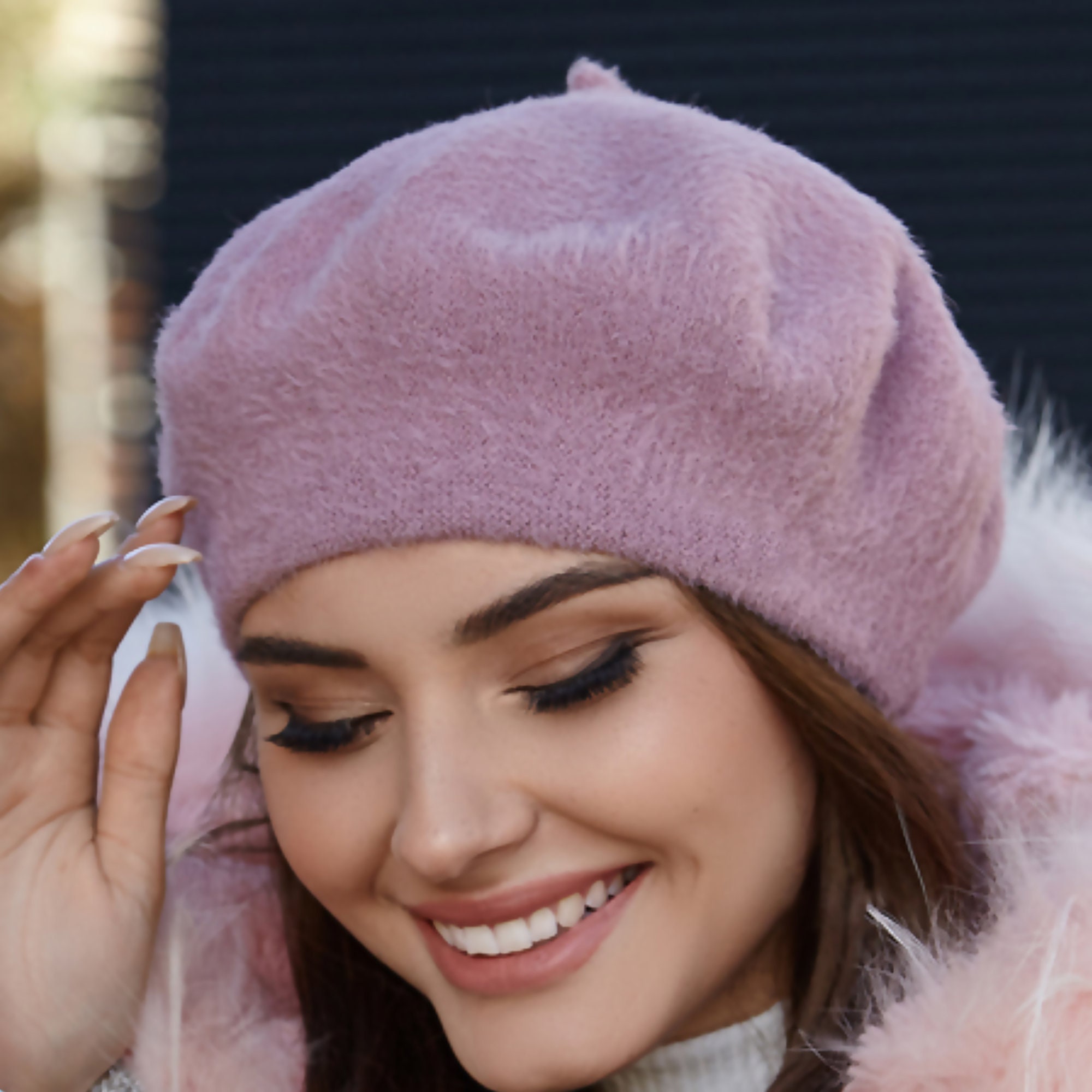 White Angora Blend Fuzzy Beret — Made in Korea White Knit Beret for Women: Vegan Angora Wool Blend, Fluffy  main image 2