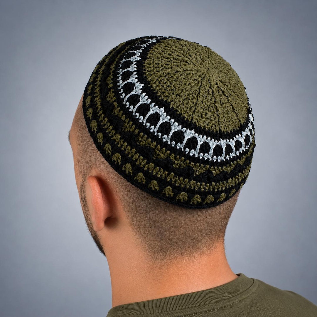 XXL Olive Green Frik Kippah | Black Textured Crochet Yarmulke