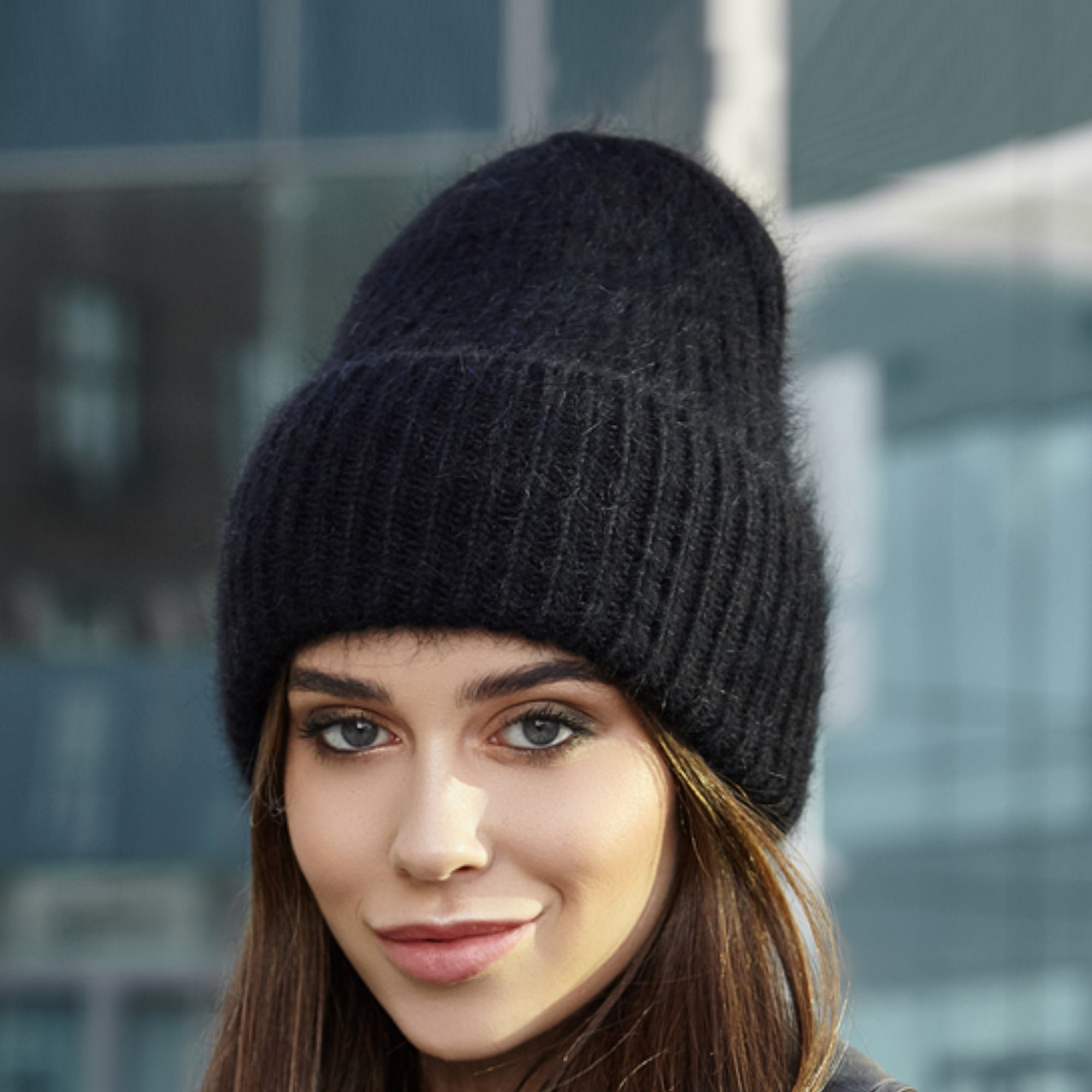 Black Cashmere Hat Women Angora Beanie 