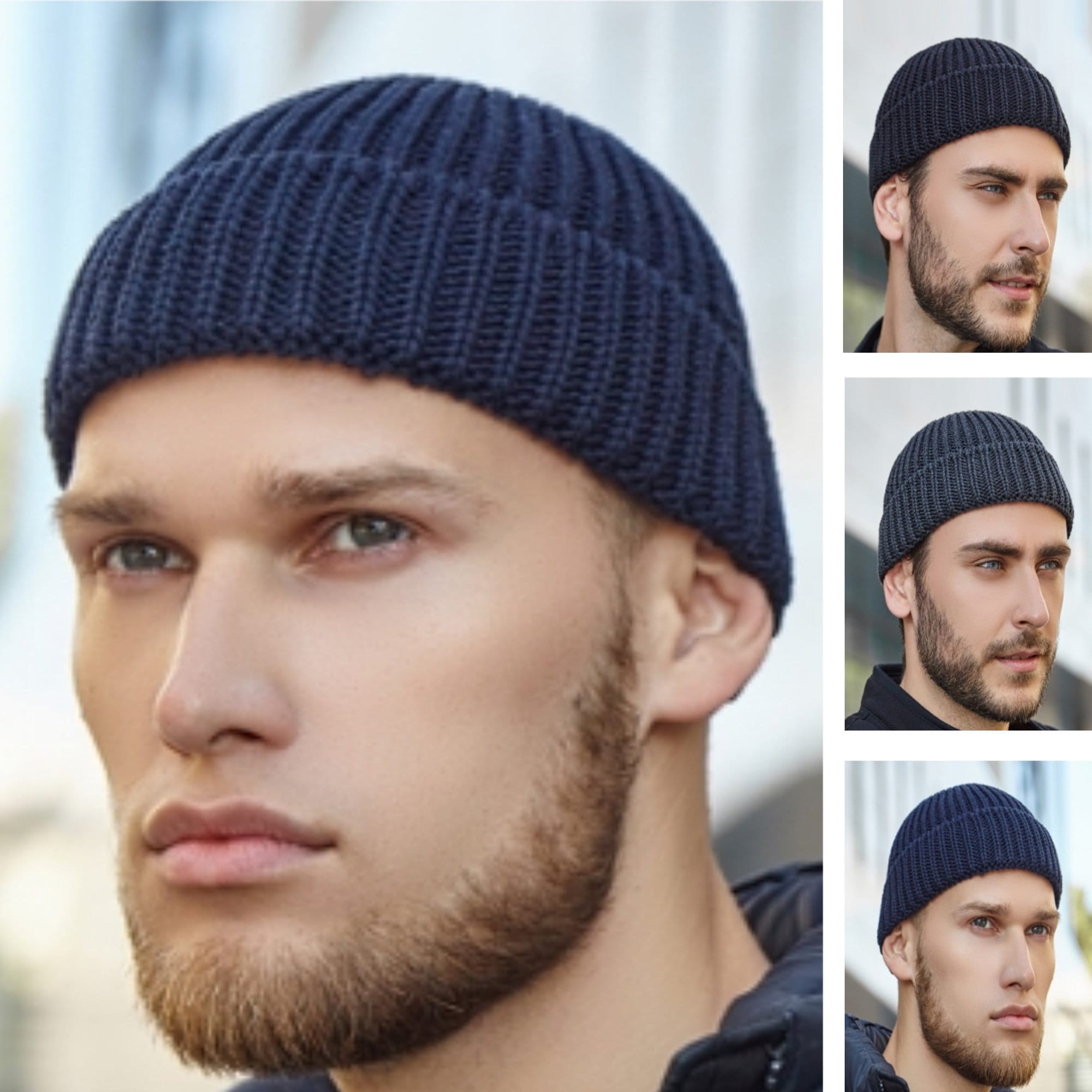 Black short fisherman beanie hat wool Knit dockers beanie hat Etsy