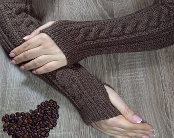 Fingerless Gloves: Alpaca Wool Long Knit Arm Warmers
