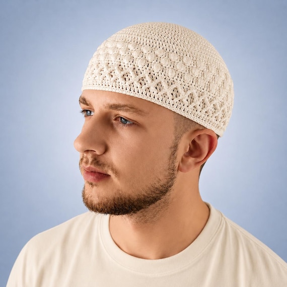 3D Crocheted Prayer Kufi Hat Handmade Muslim Men display picture 3