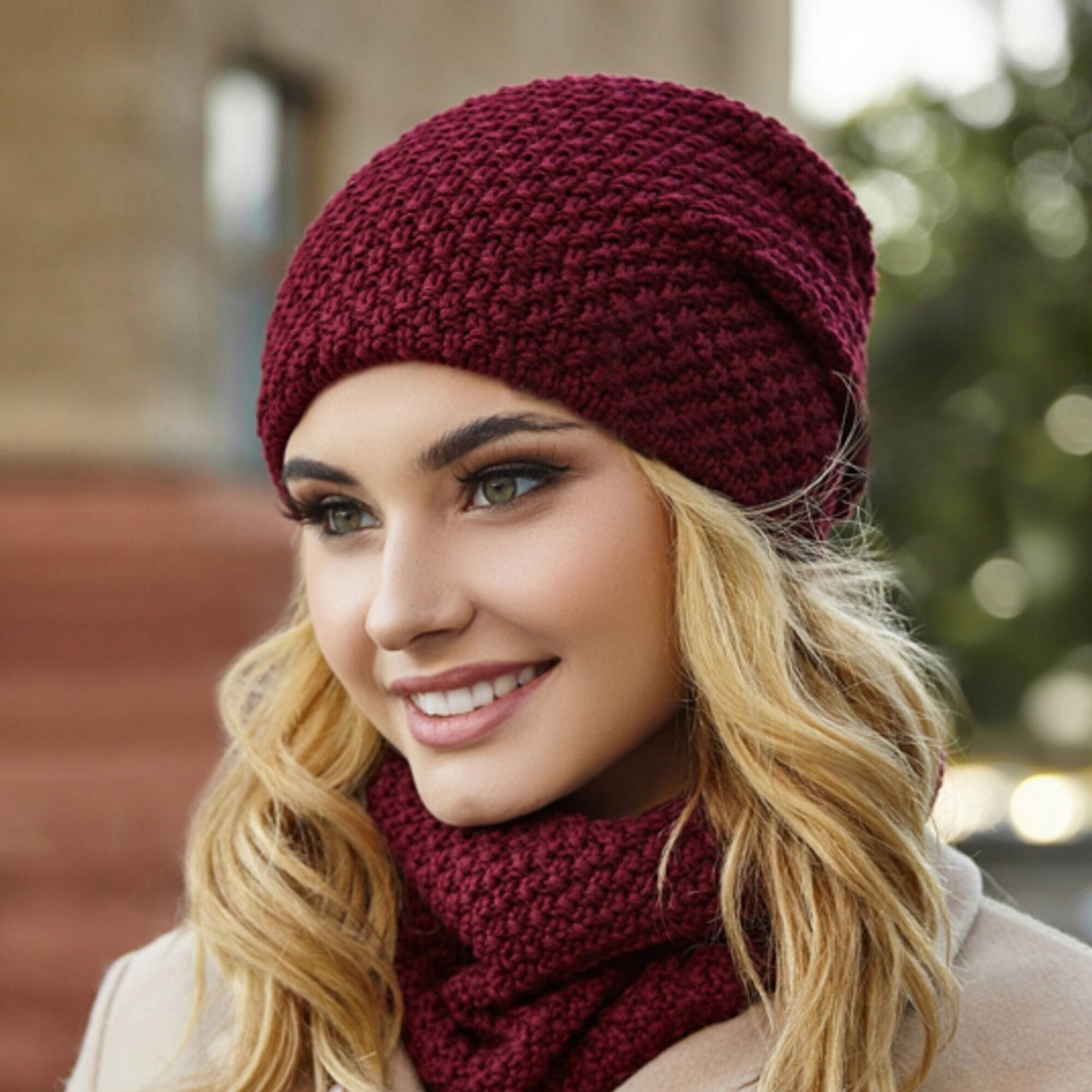 Knitted Double Layer Cotton Beanie and Loop Scarf Set Vegan 