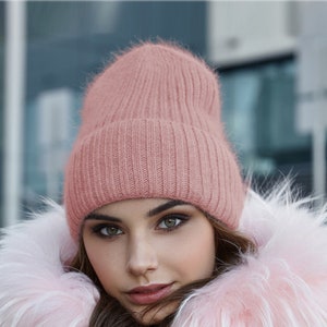 Fluffy angora wool slouchy beanie Extra warm wool knit beanie hat womens Birthday Christmas gifts for her Dark pink 4936