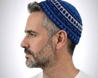 Kippah blu da uomo / Kippah extra large / Cappello a copertura totale / Kippah ebraica lavorata a maglia / Regalo per lui