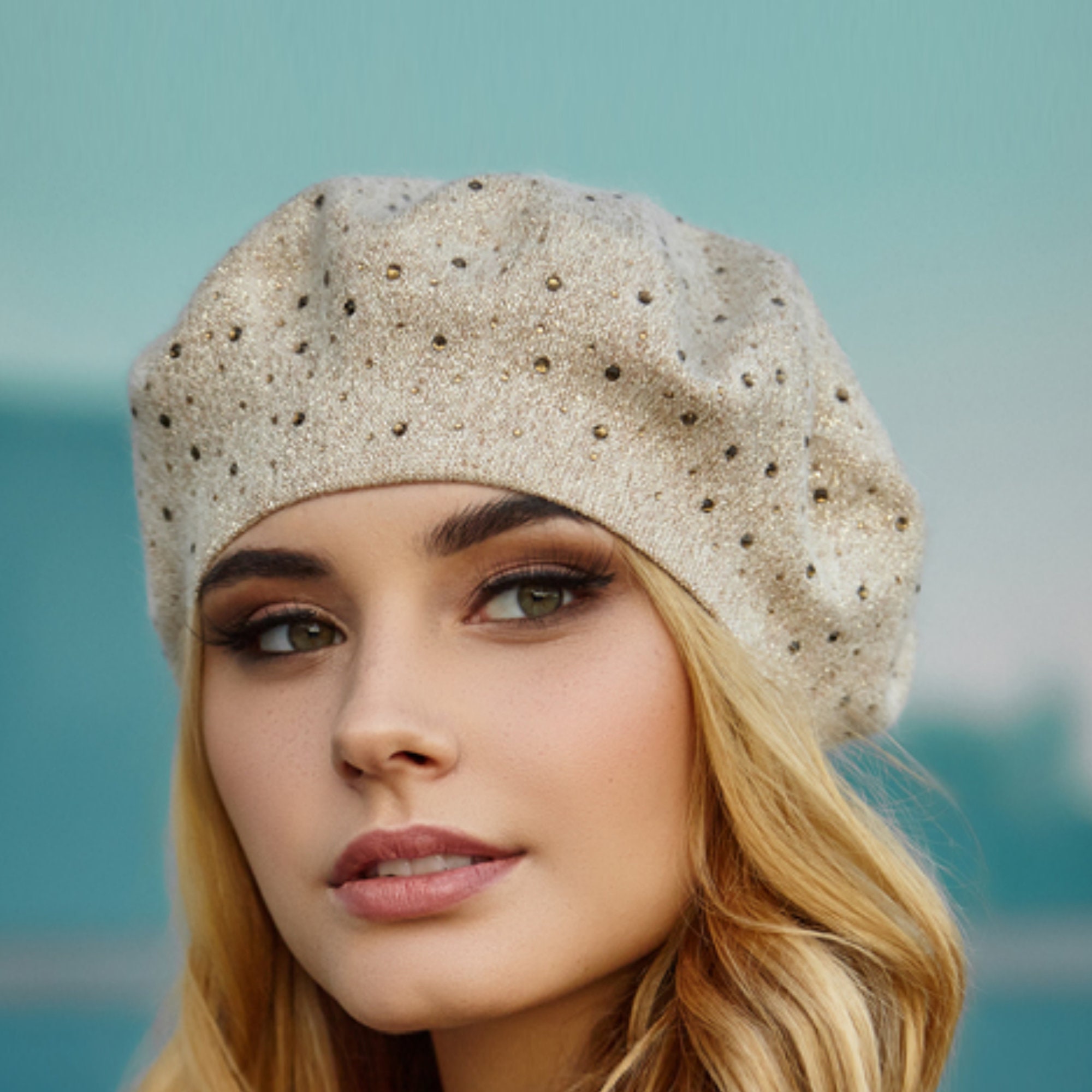 Angora Beret with Sequins Sequin Angora Hand Knit Tam Shiny Blue Beret Hat Rabbit  main image 3
