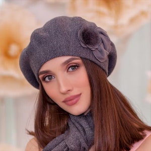 Angora Knit Beret: Handmade Wool Hat with Mink Flower