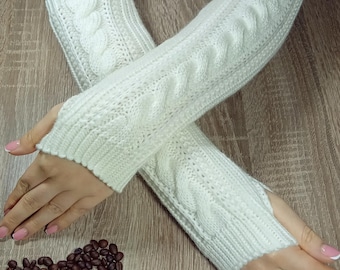 Fingerless Gloves: Alpaca Wool Long Knit Arm Warmers