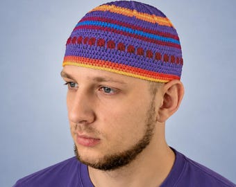 Crochet Mens Kufi Beanie Jazz Skullcap Multicolored Striped