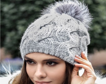 Gray knit slouchy beanie women Alpaca wool slouch pompom hat for ladies Birthday Christmas gifts for her