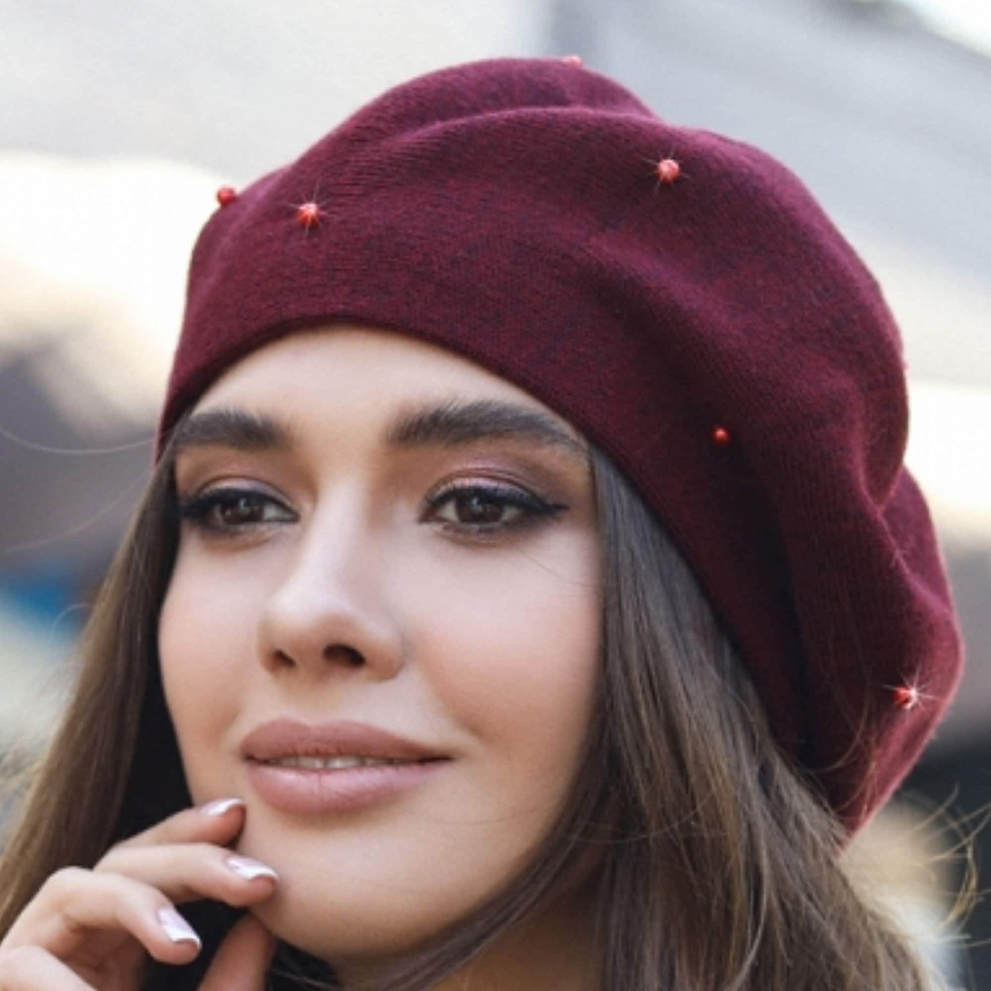 6344 Burgundy Beret - Warm Lined Wool Angora Knit Berets - French Paris Hat Silk Lined Angora Beret: Oversized French Style Satin Lined  main image 3