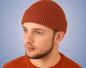 Short fisherman beanie above ear, Hand knit wool skullcap, Birthday Christmas gift for him