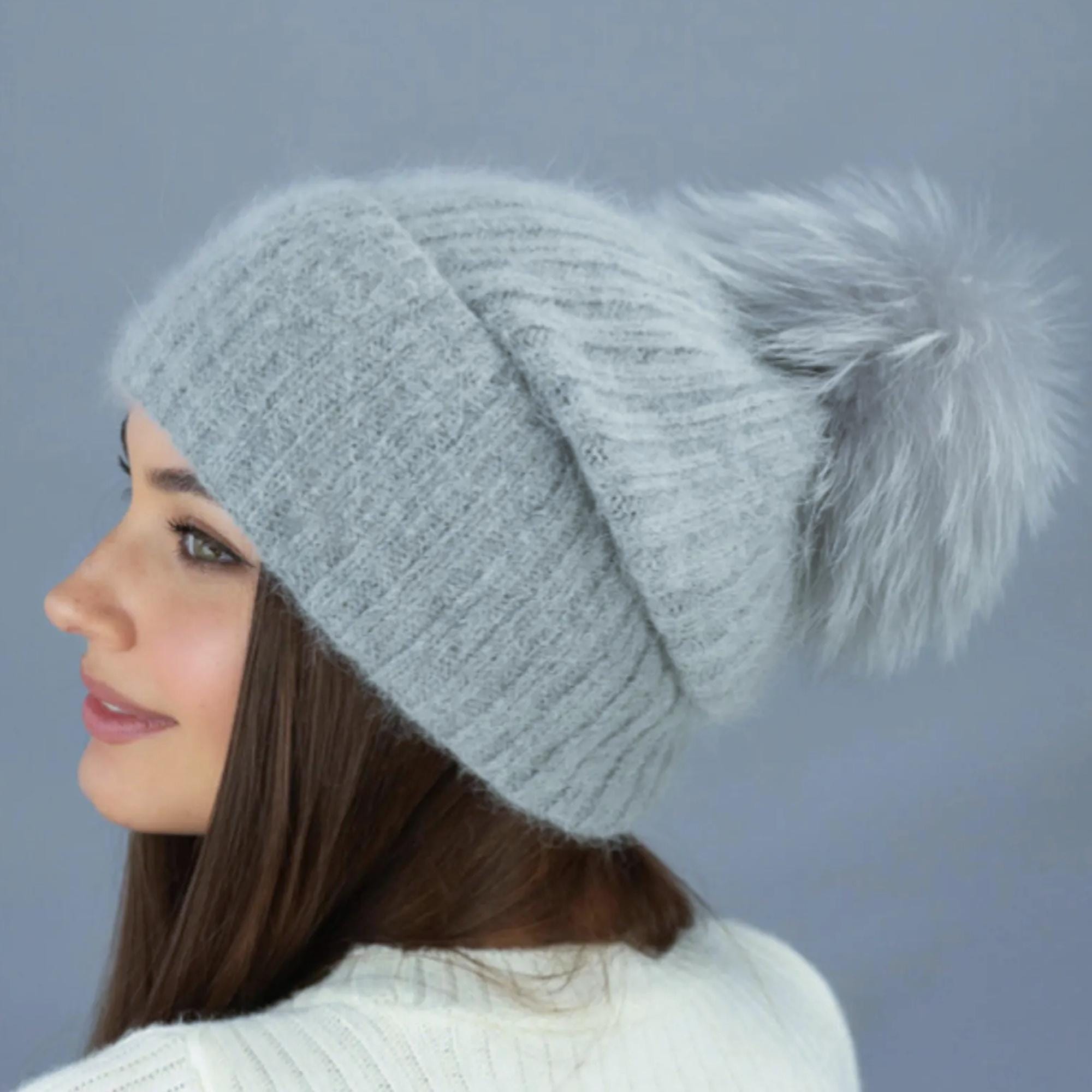 New Custom Designed Cashmere Blend Gray Pom Slouchy Beanie w/ Floral Peace Sign. Classic Cashmere Slouchy Beanie with Pom – Hat Attack New York main image 3