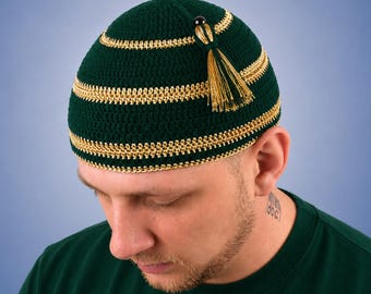 Crochet Kufi Hat Skullcap With Tassel Fisherman Beanie Gold