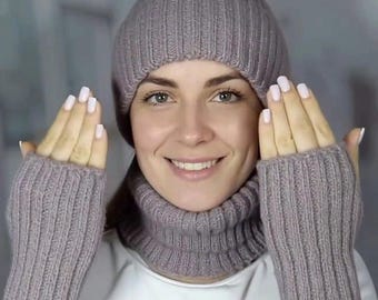 Wool Knit Set: Handmade Beanie, Neck Warmer, Fingerless Gloves