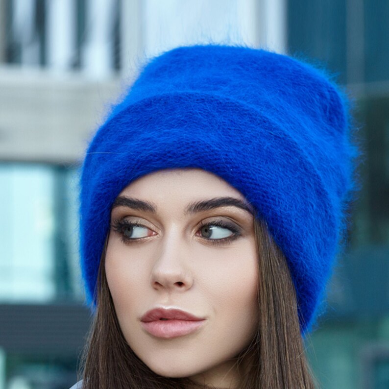 Fluffy angora wool slouchy beanie Extra warm wool knit beanie hat womens Birthday Christmas gifts for her Blue 5048