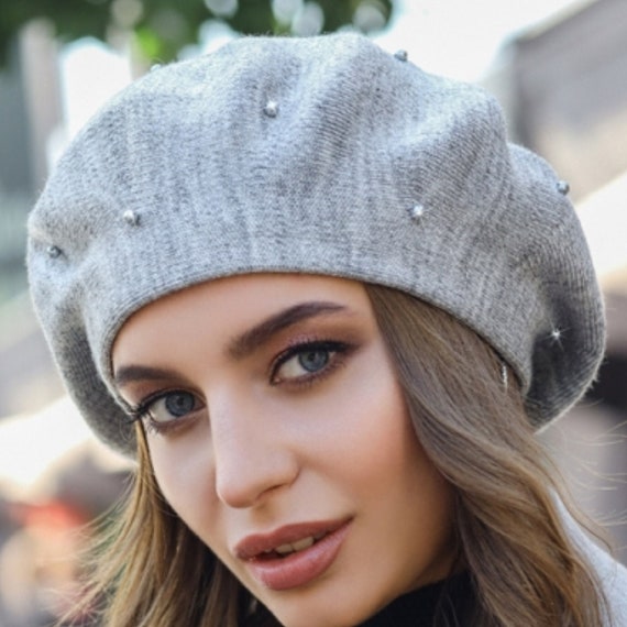 Gray Knit Beret With Pearls: Vegan Angora Blend, Classic 