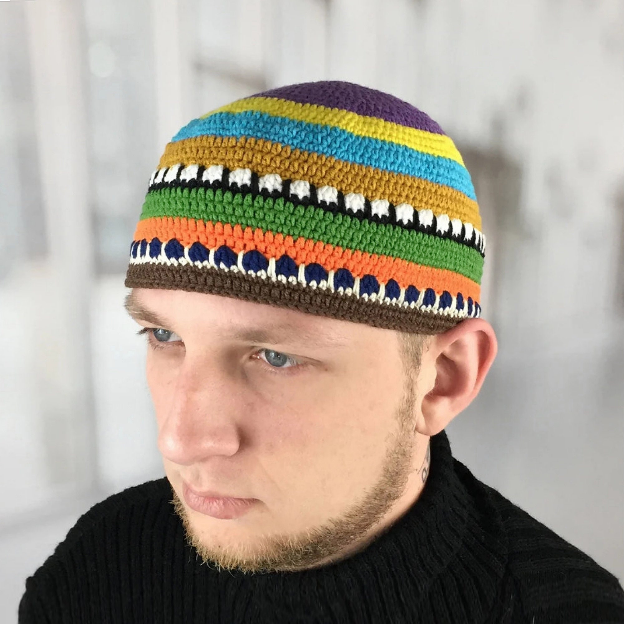 Crocheted Musician Hat: Joe Zawinul Style Beanie, Colorful Kufi