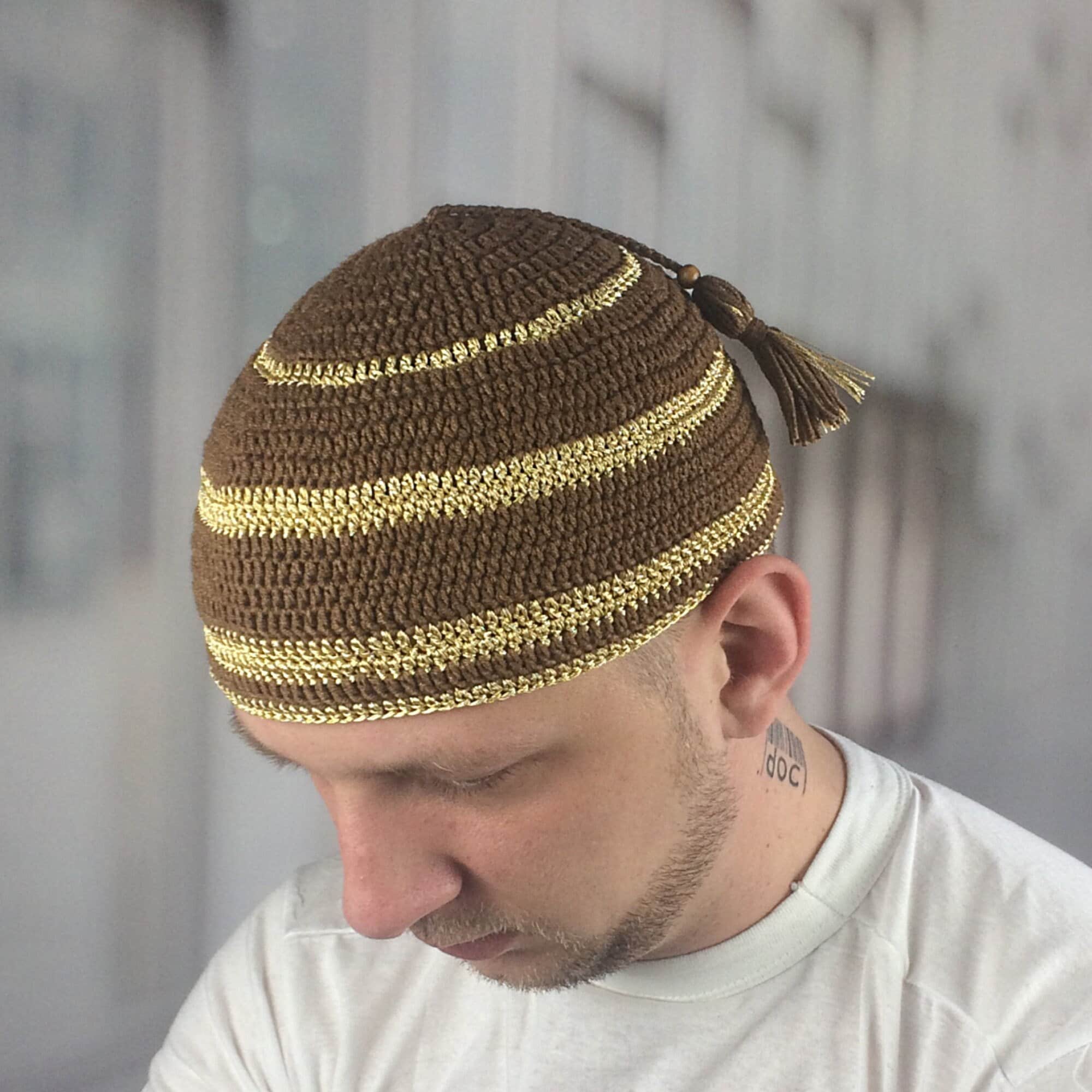 Tassel Kufi Hat: Brown Beanie With Gold Ornament - Etsy