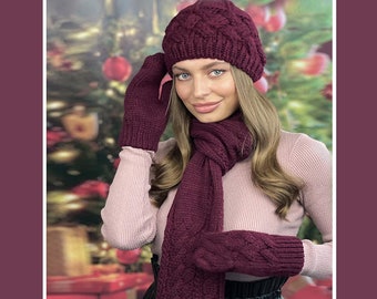 Wool Knit Set: Chunky Beanie, Scarf & Fingerless Gloves