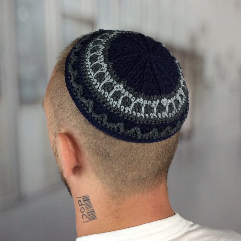 Crochet Kippah Dark Blue Yarmulke Blue Gray Accents Elegant Daily 