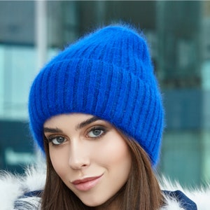 Fluffy angora wool slouchy beanie Extra warm wool knit beanie hat womens Birthday Christmas gifts for her Blue 4936