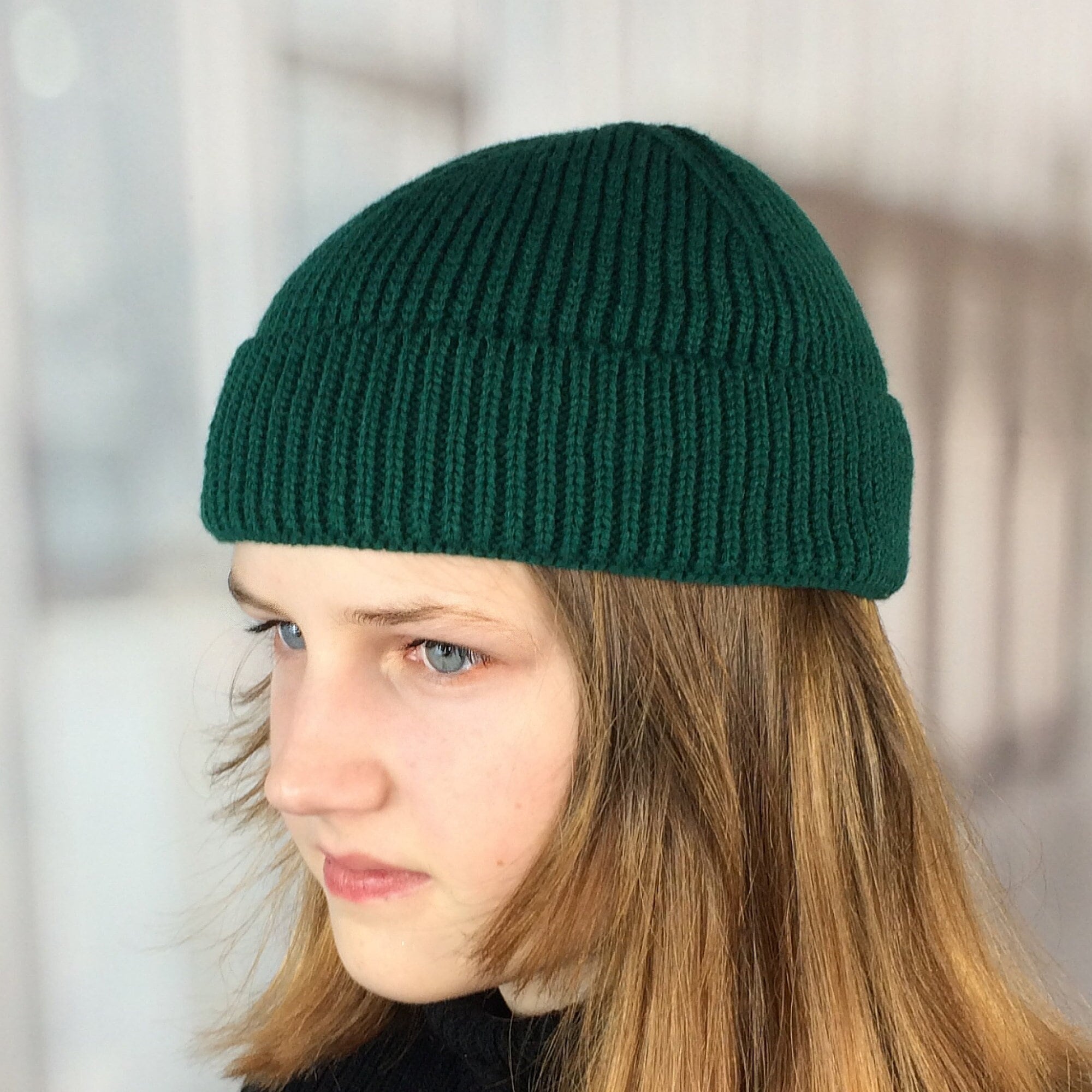 Green Short Fisherman Beanie Hat Wool 