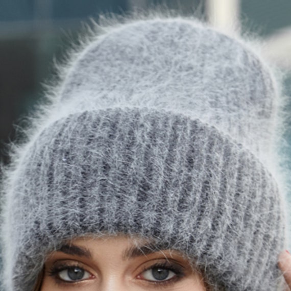 THEREDTHREAD S fuzzy knit beanie gray Brushed Mohair-Blend