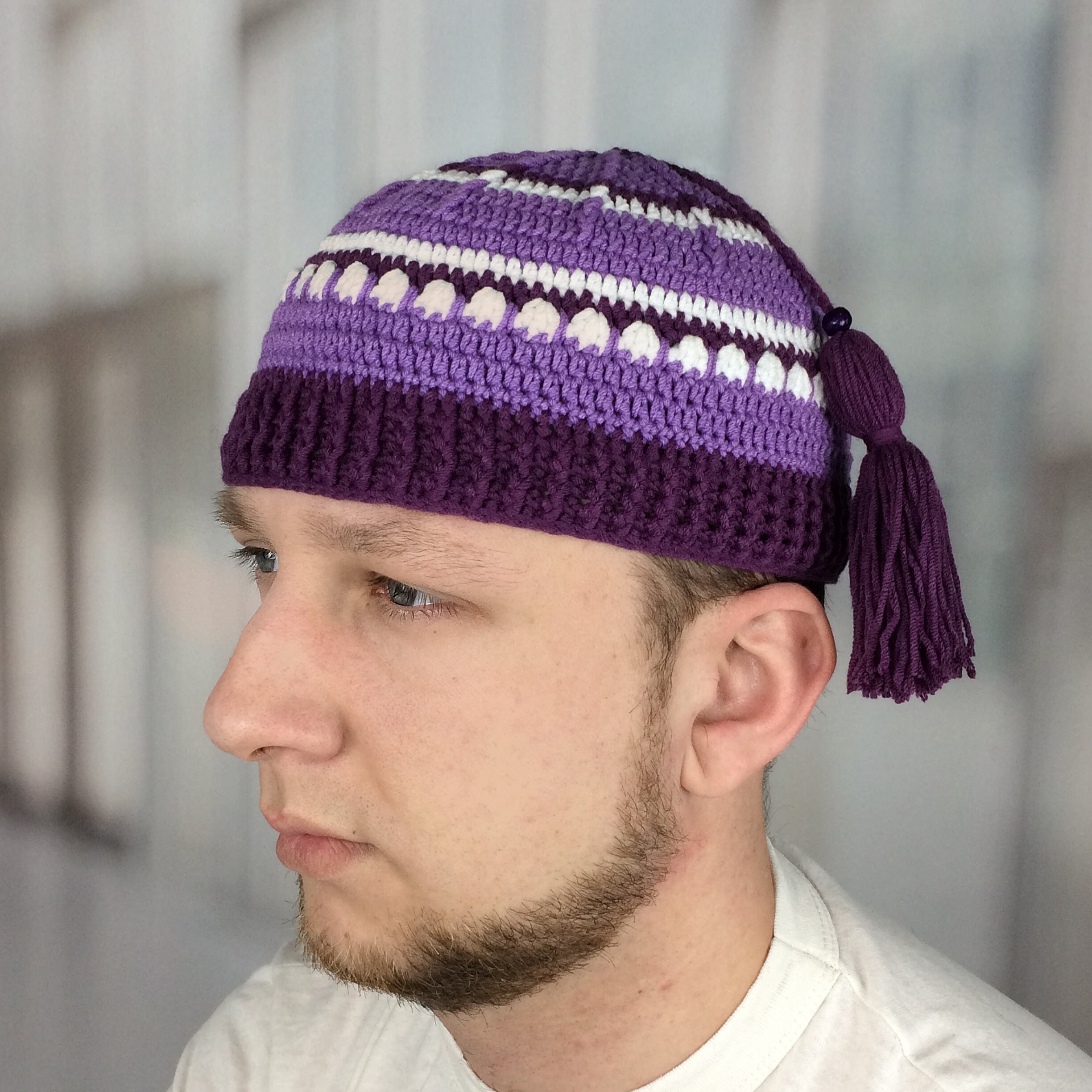 Crochet Beanie Men Purple Tassel Kufi 