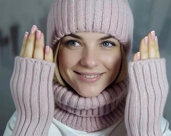 Wool Knit Set: Handmade Beanie, Neck Warmer, Fingerless Gloves