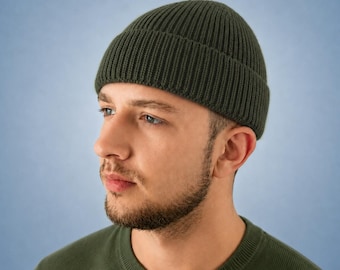 Wool fisherman beanie, Green olive short skullcap, Knitted dockers hat, Winter gifts for men