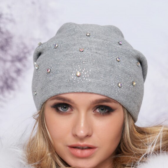 Angora Wool Beanie: Christmas Snowflake Crystal Winter Hat  display picture 1