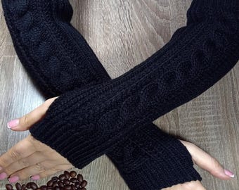 Fingerless Gloves: Alpaca Wool Long Knit Arm Warmers