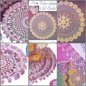 Może przedstawiać: Kolekcja koronkowych serwetek z kwiatowymi wzorami. Serwetki są białe z różowymi, żółtymi i zielonymi akcentami. Tekst "Lily Doilies - Edging to Tat-crochet" jest widoczny w górnej części środkowej obrazu.