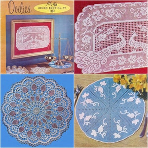 May include: Four crocheted doilies in different sizes and patterns. The doilies are white and blue with floral designs. The doilies are displayed on a variety of surfaces, including a table, a shelf, and a piece of fabric.