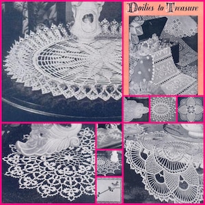 Peut inclure: Un collage d'images présentant divers napperons en crochet, dont un grand napperon rond, un napperon rond plus petit et un napperon carré. Les napperons sont tous blancs et présentent des motifs complexes. Le texte "Doilies to Treasure" est visible dans le coin supérieur droit de l'image.