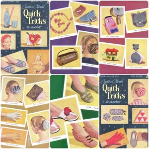 May include: A collage of vintage crochet patterns from a "Quick Tricks to Crochet" book. The images showcase various crochet projects, including accessories, dolls, and home decor items. The color palette includes blues, yellows, and reds.