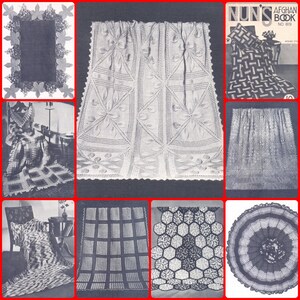 May include: A collection of crochet patterns for blankets and afghans. The patterns include a variety of designs, such as a floral pattern, a geometric pattern, and a honeycomb pattern. The patterns are from "Nuns' Afghan Book No. 819".