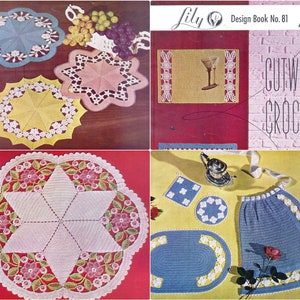 May include: A vintage crochet pattern book with a cover featuring a blue and white crochet design. The book is titled "Lily Design Book No. 81 Cutwork Crochet" and costs 10 cents. The book features a variety of crochet projects, including a table runner, a doily, and an apron.
