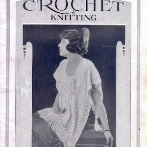 Może przedstawiać: Czarno-biała, vintage'owa okładka czasopisma Royal Society Crochet & Knitting. Na okładce znajduje się kobieta w haftowanym szalu z frędzlami. Tekst na okładce brzmi "Royal Society Crochet & Knitting No. 15 10 Cents".