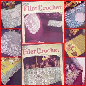 May include: A vintage book titled "Lily's Filet Crochet, Design Book No. 66" with images of various crochet projects, including a table runner, doilies, and a chair cushion.