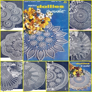 May include: A vintage book cover featuring a collection of doilies to crochet. The cover is blue with a white border and features a large white doily in the center. The book title is "Priscilla Doilies to Crochet" and the book number is 324. The price is 10 cents.