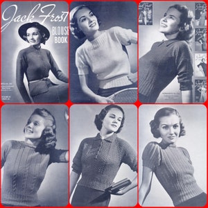 May include: A vintage magazine cover featuring a woman wearing a knitted sweater. The magazine is titled "Jack Frost Blouse Book" and has a red and white color scheme.