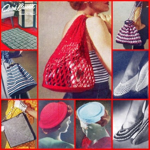May include: A collection of crochet patterns featuring a red mesh bag, a blue and white striped tote bag, a black and white tote bag, a red hat, a blue hat, a black and white slipper, and a pink and white purse.