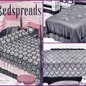 May include: A vintage magazine page featuring crochet bedspread patterns. The page includes a title "Bedspreads" and a photo of a bed with a white crochet bedspread with a floral design. The text "Magnolia No. 6020" is also included.